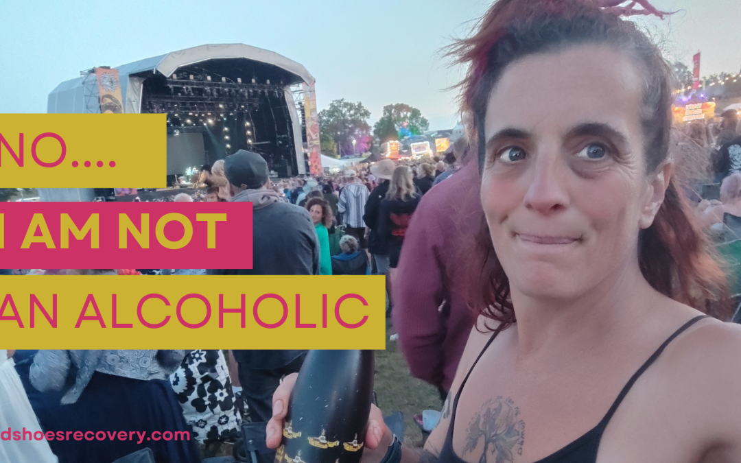 Esther Nagle at the BEautiful Days festival with a Yellow Submarine decorated water bottle. The words on the image say "No, I am not an alcoholic)