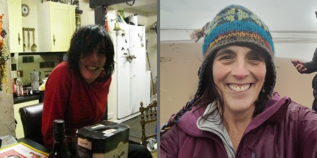 On the left is a very drunk Esther Nagle, trying to smile but failing. She's in the grip of her addiction, with a box of wine in front of her. She's drunk a lot of is, and is very intoxicated. On the right is ESther on her 50th birthday. Sober, alive, happy and free. She is at Southerndown beach where she has been for an early morning walk with friends and family. She is the very model of joyful recovery
